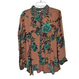 3704) Rod's Floral Western Button Up Long Sleeve Hi Lo Top Size Large